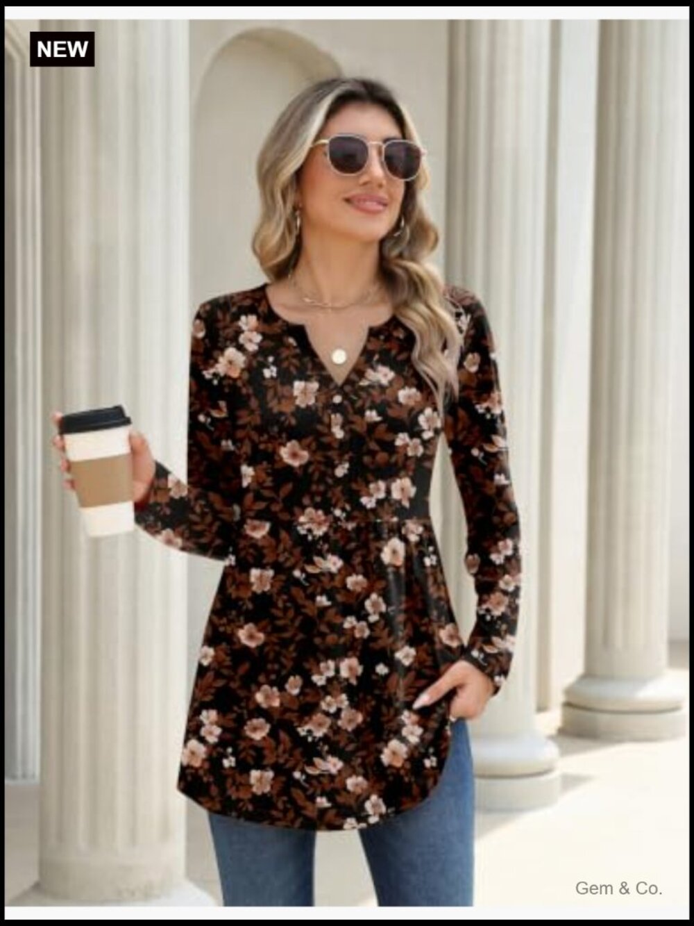 Long Sleeve Henley V Neck Blouse Business Casual Loose Fit Tunic Top - Picture 4 of 7